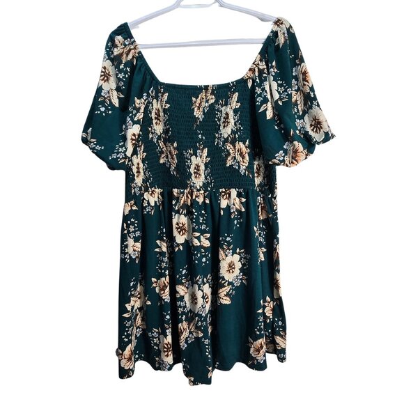 NWOT | Dark Green Floral Off the Shoulder Smocked Puff Sleeve Jumper Romper | 1X - Picture 2 of 6